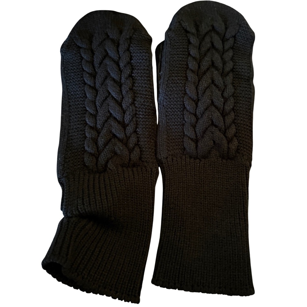 Isotoner Black Cable Knit Mittens‎ Leather Palm Thumb